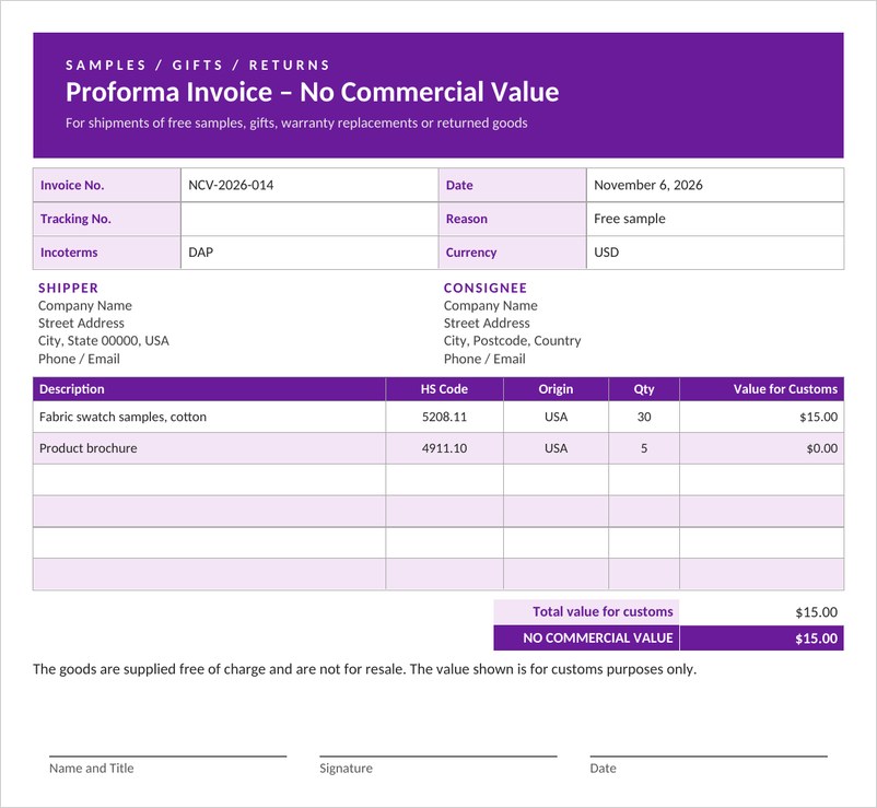 No commercial value invoice template in Word with purple header for samples and gifts