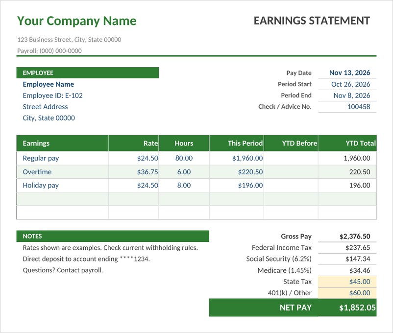 Pay stub template in Excel with green header, earnings table and net pay