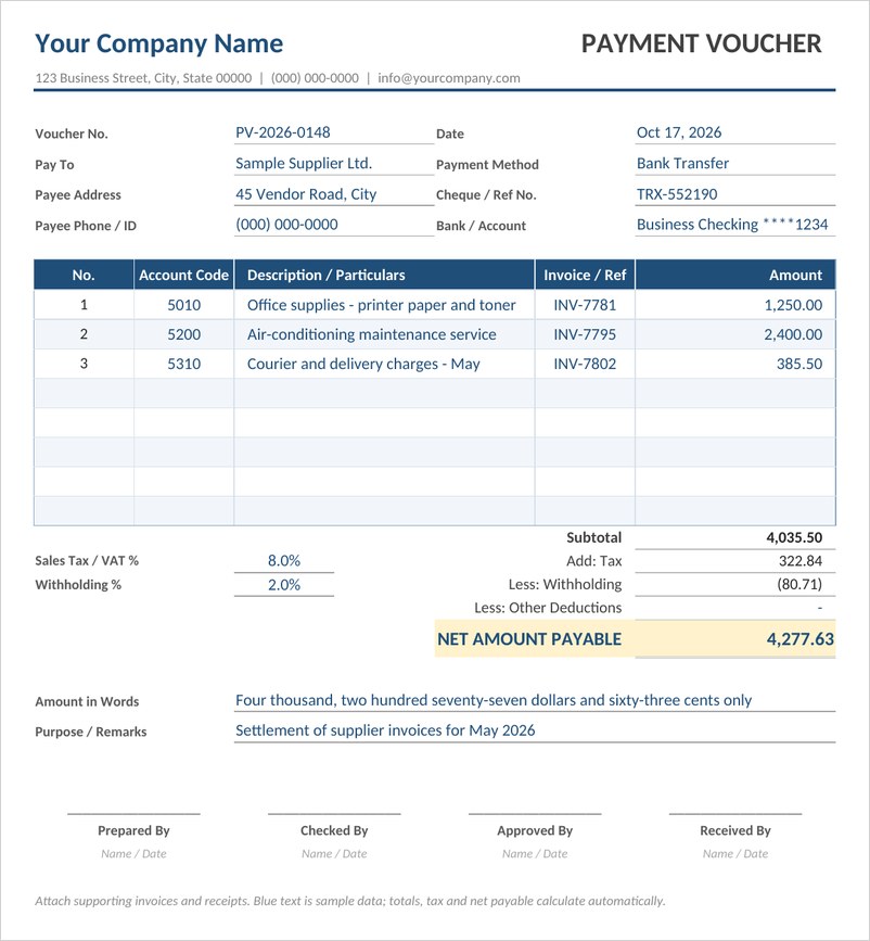 Payment voucher template in Excel with payee details, line items, tax and net amount payable