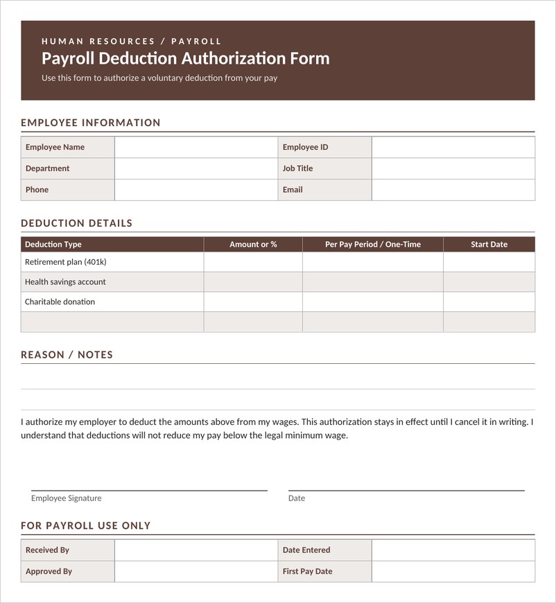 Payroll deduction authorization form in Word with brown header and deduction details table