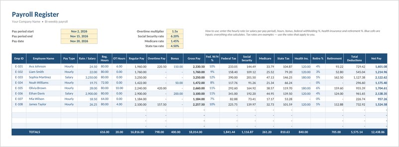 Payroll register template in Excel with blue header, employee rows, deductions and net pay totals