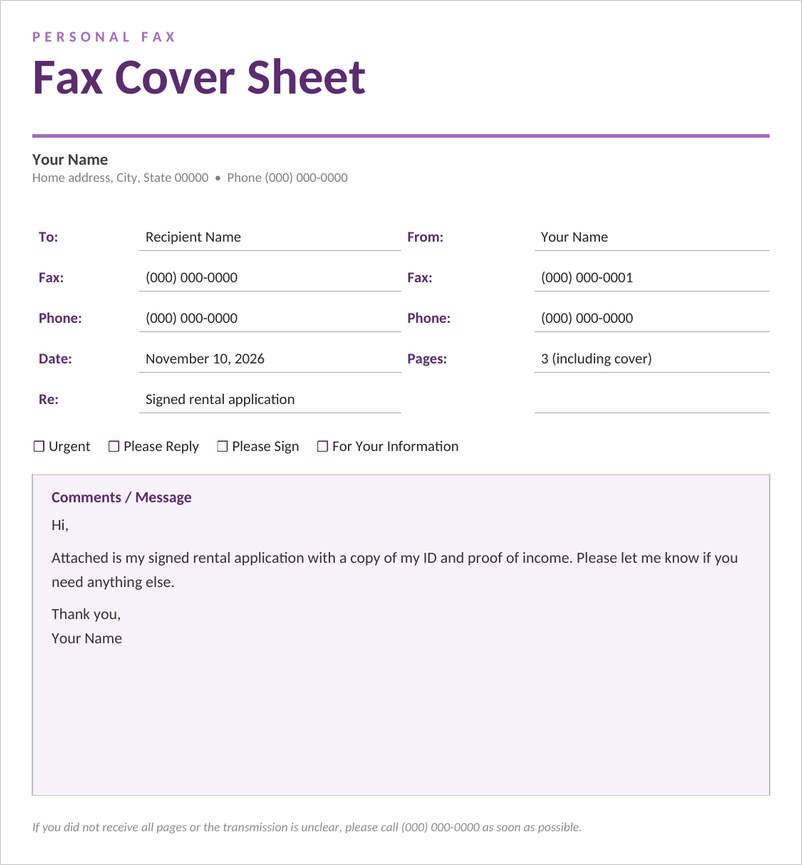 Personal fax cover sheet template in Word with purple heading and message box