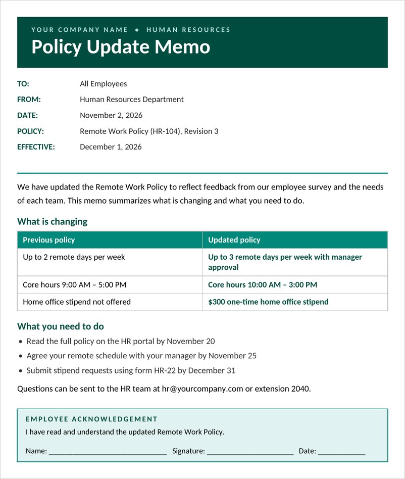 Policy update memo template in Word with teal header and before and after policy table