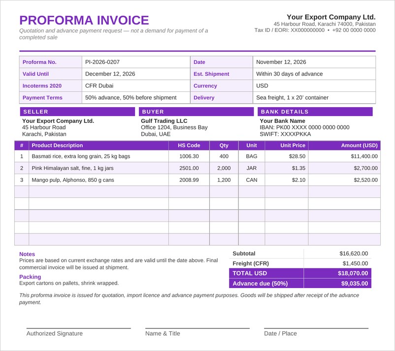 Proforma invoice template in Word with purple headings, bank details and product table