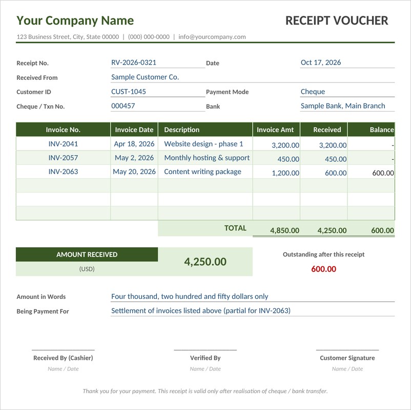 Receipt voucher template in Excel showing invoices settled, amount received and balance due