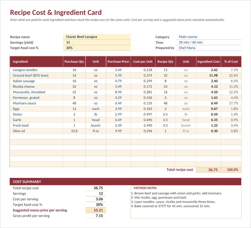 Recipe cost and ingredient card Excel template with ingredient costs and suggested menu price