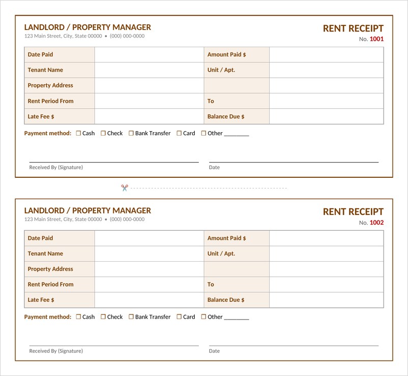 Rent payment receipt template in Word with brown border, tenant and rent period fields