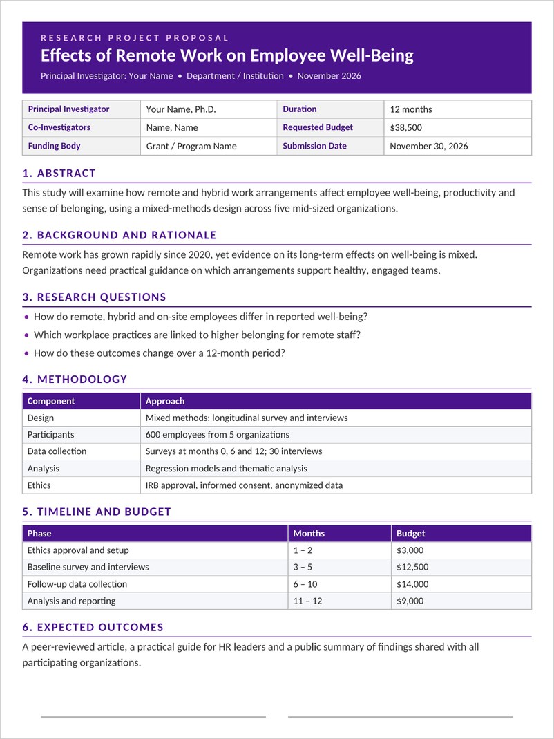 Research project proposal template in Word with purple header and methodology table