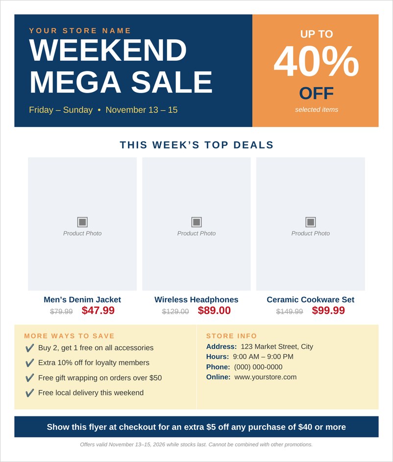 Retail sale flyer template in Word with navy banner, orange 40 percent off badge and product deals