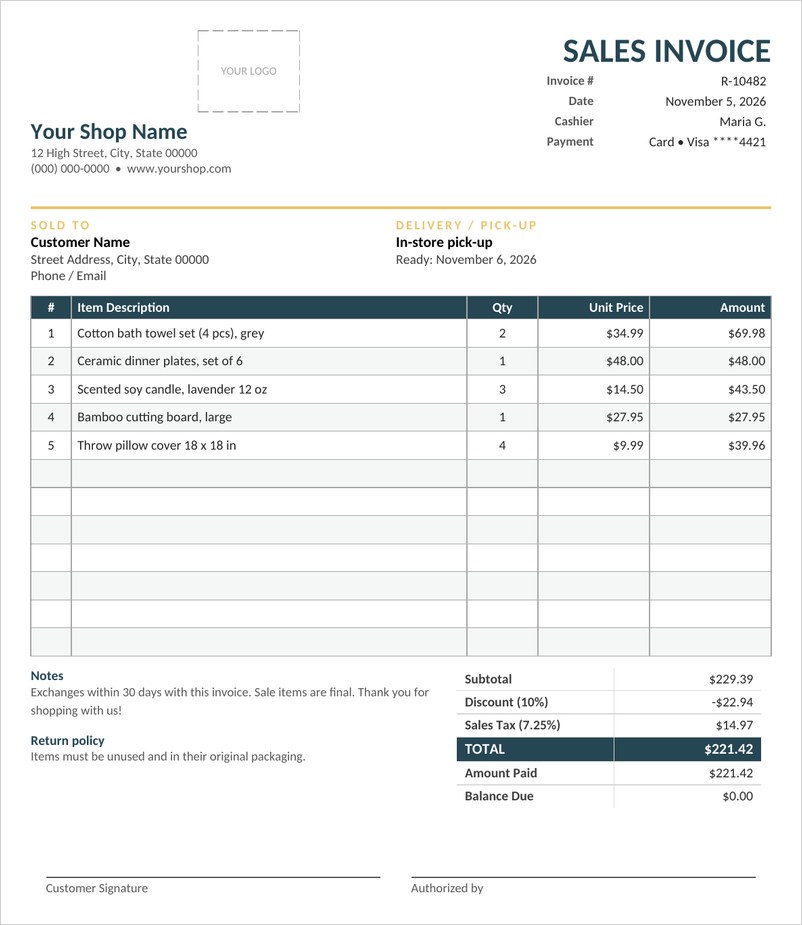Retail sales invoice template in Word with dark teal headings, item table and totals box
