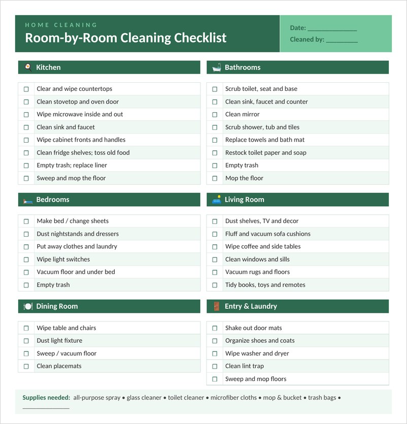 Room by room cleaning checklist template in Word with green room headers and checkboxes