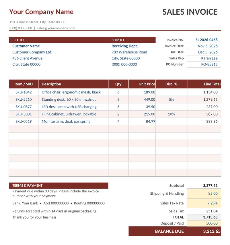 Sales invoice template in Excel with maroon header, line items and balance due total