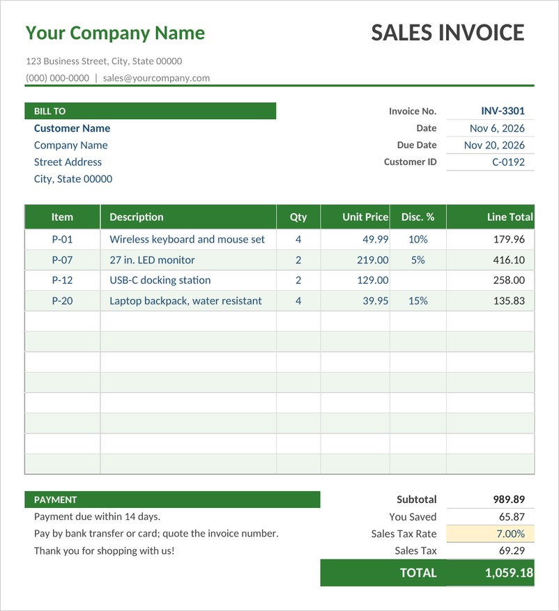 Sales invoice template in Excel with green header and per-line discount column