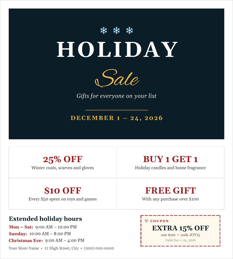 Seasonal holiday sale flyer template in Word with dark navy banner, gold script and coupon