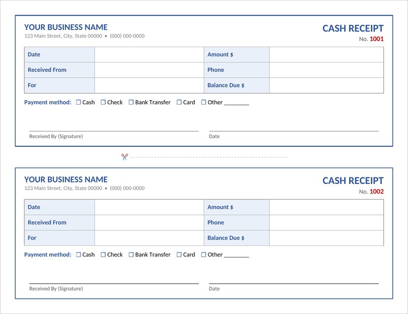 Simple cash receipt template in Word with blue border, two numbered receipts per page