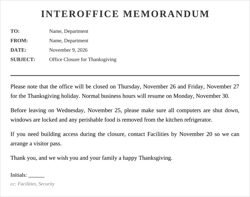 Simple interoffice memo template in Word with classic black and white layout