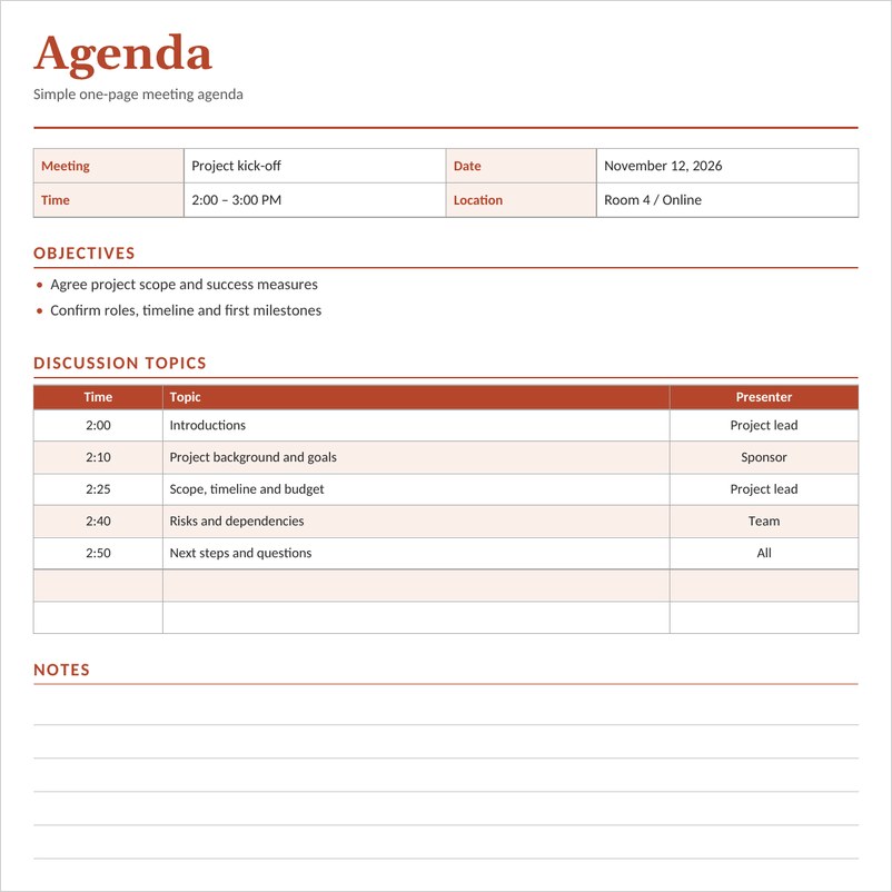 Simple meeting agenda template in Word with large title, objectives and discussion topics table