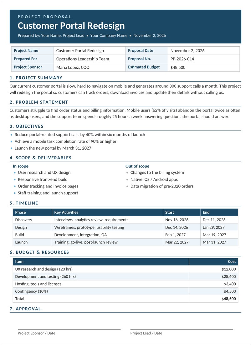 Simple project proposal template in Word with blue header, timeline table and budget summary
