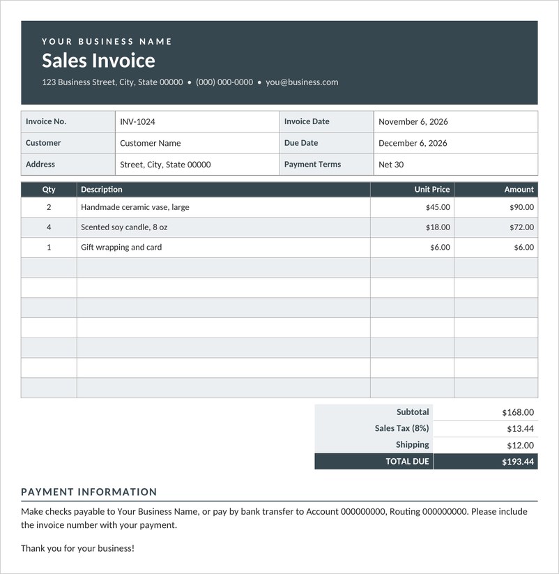 Simple sales invoice template in Word with grey header, item table and total due