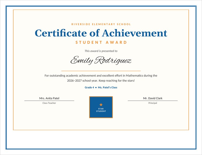 Student achievement award certificate template in Word with blue border and orange star seal