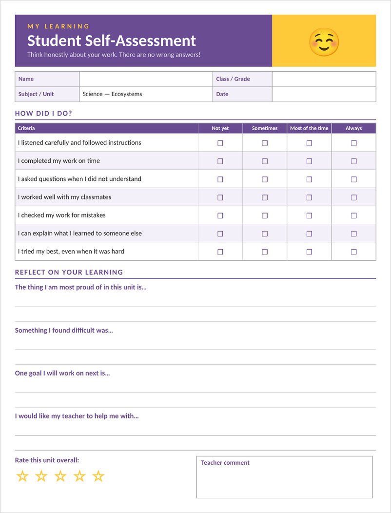 Student self-assessment template in Word with purple header, rating checkboxes and reflection lines