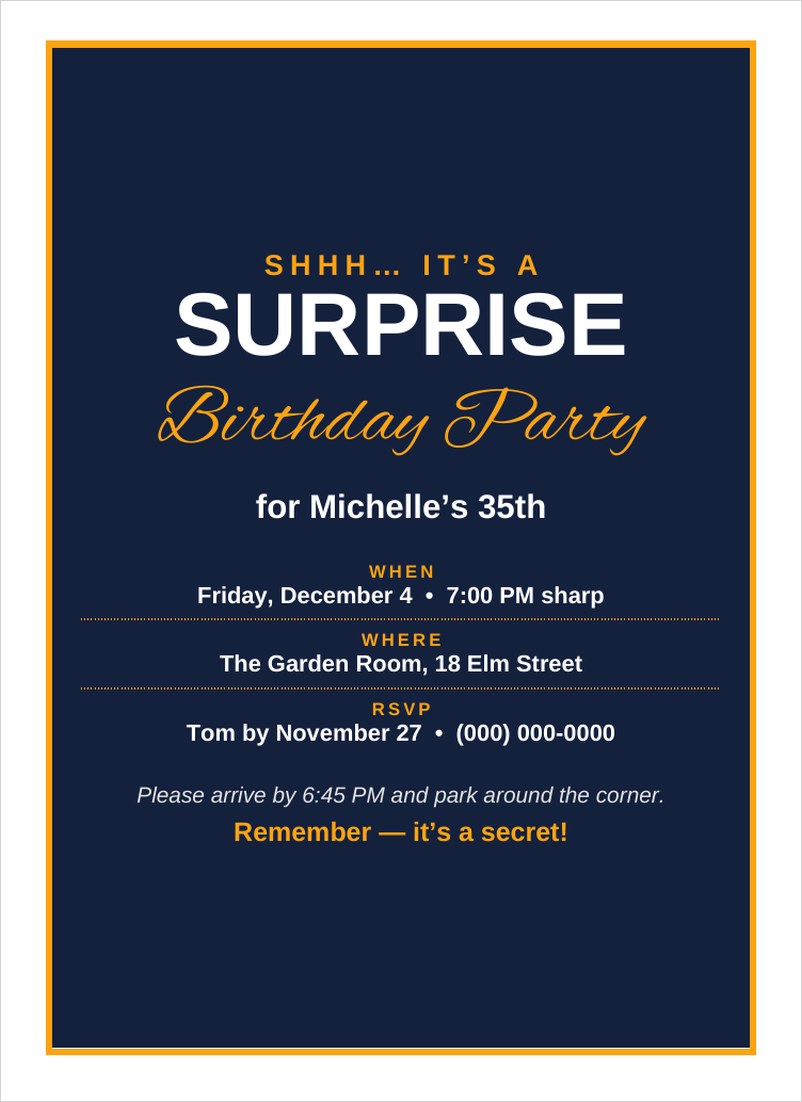 Surprise birthday party invitation template in Word with navy background and gold text