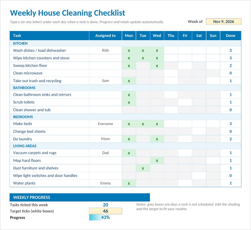 Weekly house cleaning checklist template in Excel with blue header, daily tick boxes and progress