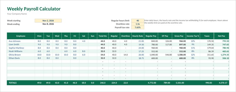 Weekly payroll calculator template in Excel with green header, daily hours and overtime pay columns