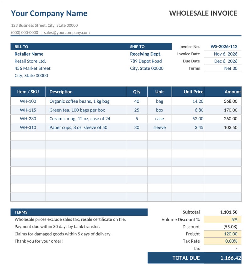 Wholesale sales invoice template in Excel with navy header, bulk item lines and volume discount